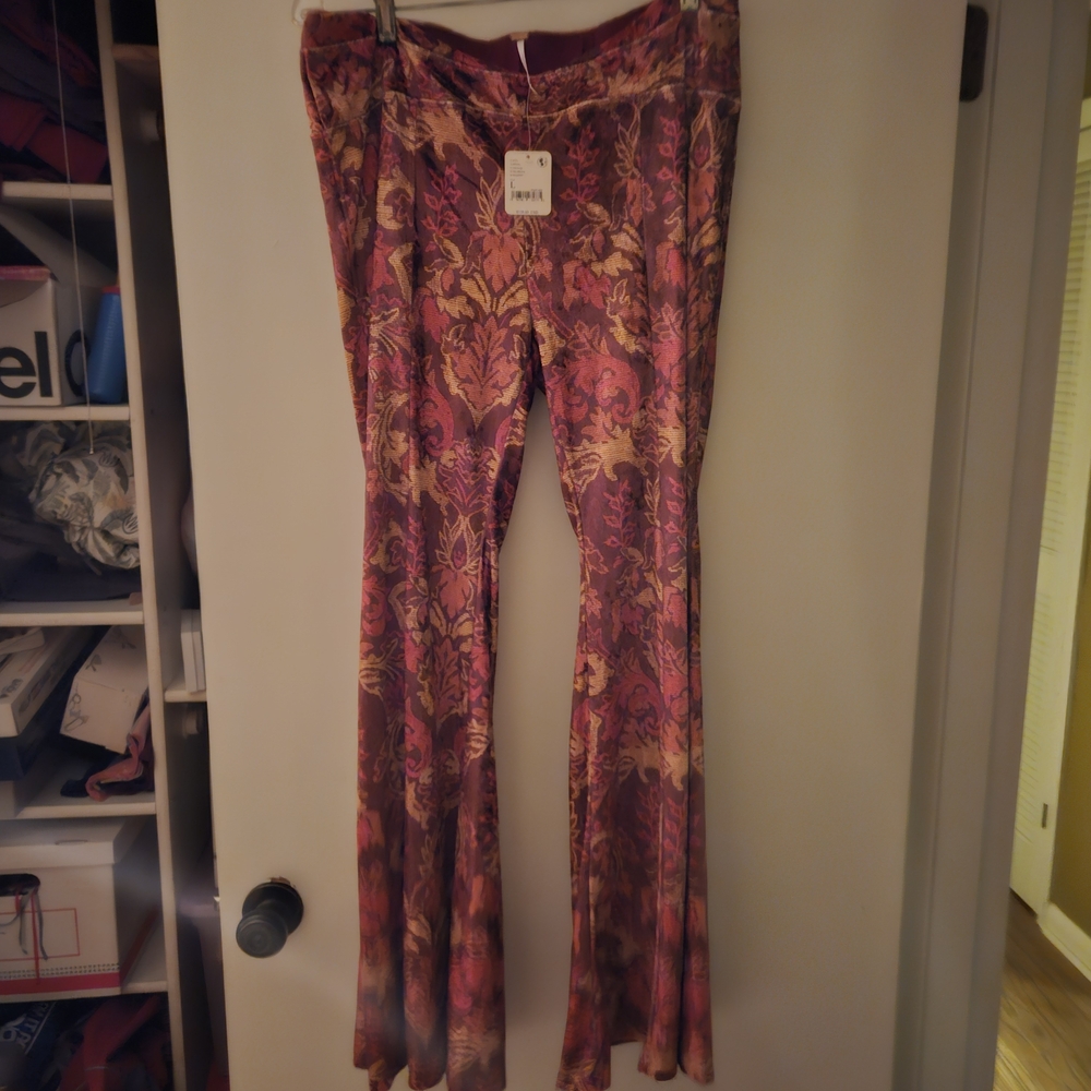 Free People Floral Boot Cut Pants - Red and Yellow. Velvet - Shiny.